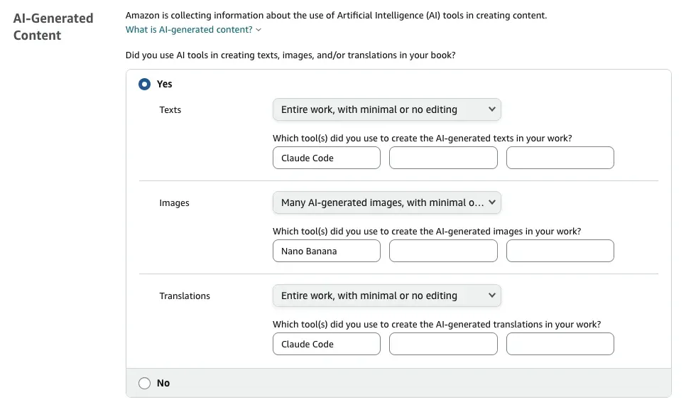 Amazon KDP AI-Generated Content disclosure form